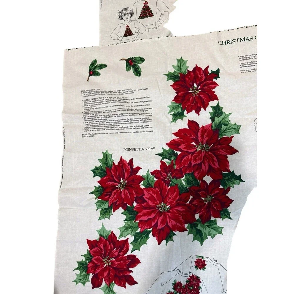 Vintage VIP Cranston Christmas Applique Fabric Remnants Bears Poinsettias